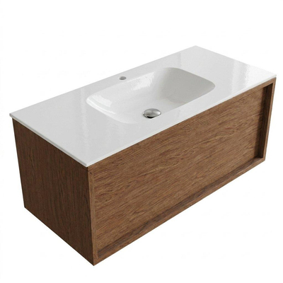 Saniclass Holz Frame Ensemble meuble de salle de bains - 100x45x41.5cm - lavabo Flow en Solid Surface blanc - 1 vasque - 1 trou de robinetterie - 1 tiroir - noyer pure mat (bois)