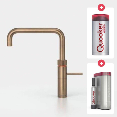 Quooker Fusion Square kokendwaterkraan - draaibare uitloop - Combi+ incl. Cube reservoir - Warm / kokend / bruisend / gefilterd water - Messing Patina (Goud)