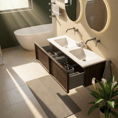 Saniclass Holz Frame Ensemble de meubles de salle de bains - 140x45x57.5cm - lavabo Torino en solid surface blanc - sans trou de robinet - 2 tiroirs - chêne charcoal mat (bois)