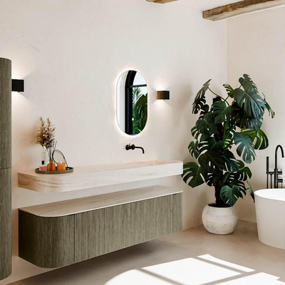 MONDIAZ THOR-DLUX 170cm meuble de salle de bains arrondi gauche + droite couleur Shadow avec 1 tiroir et 2 portes. Vasque suspendue CLOUD droite sans trou de robinet couleur Meli.