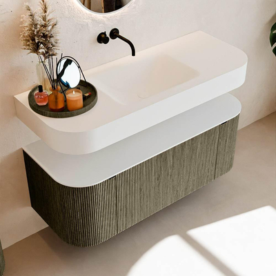 MONDIAZ THOR 120cm meuble de salle de bains arrondi gauche + droite couleur Shadow avec 1 tiroir et 2 portes. Vasque suspendue CLOUD Milieu sans trou de robinet couleur Talc.