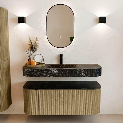 MONDIAZ THOR-DLUX 120cm meuble de salle de bains arrondi gauche + droite couleur Dusk avec 1 tiroir et 2 portes. Vasque suspendue CLOUD Milieu 1 trou de robinet couleur Lava.