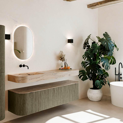 MONDIAZ THOR-DLUX Meuble de salle de bains - 170cm - arrondi gauche + droite - couleur Shadow - 1 tiroir - 2 portes - Vasque suspendue CLOUD Gauche sans trou de robinet - couleur Arena