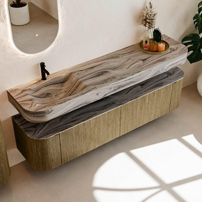 MONDIAZ THOR-DLUX Meuble de salle de bains 190cm arrondi gauche + droite couleur Dusk avec 2 tiroirs et 2 portes. Vasque suspendue CLOUD Gauche 1 trou de robinet couleur Sombra.