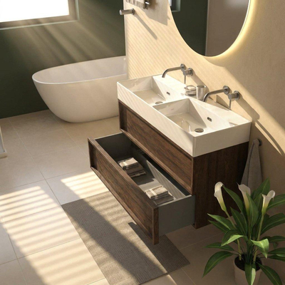 Saniclass Holz Frame Ensemble meuble de salle de bains - 120x45x72cm - Legend lavabo en céramique blanc - 2 vasques - sans trous de robinetterie - 2 tiroirs - chêne charcoal mat (bois)