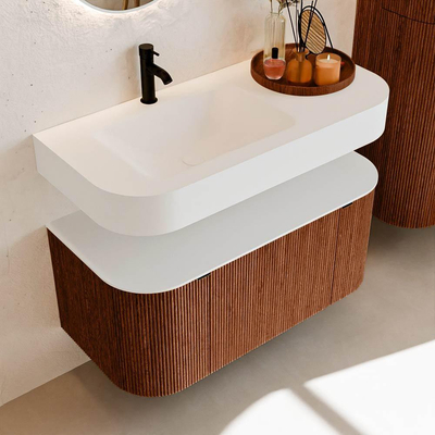 MONDIAZ THOR 100cm meuble de salle de bains arrondi gauche + droite couleur Ruby avec 1 tiroir et 2 portes. Vasque suspendue CLOUD Gauche 1 trou de robinet couleur Talc.