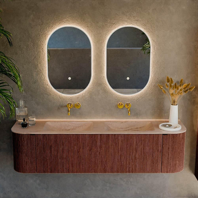 MONDIAZ KURVE-DLUX 170cm badmeubel ronding Links + Rechts kleur Ruby met 1 lade en 2 deuren. Wastafel LEAF Dubbel zonder kraangat Saba.