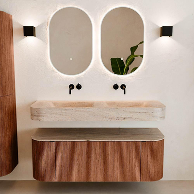 MONDIAZ THOR-DLUX 130cm meuble de salle de bains arrondi gauche + droite couleur Ruby avec 1 tiroir et 2 portes. Vasque suspendue CLOUD Double sans trou de robinet couleur Saba.