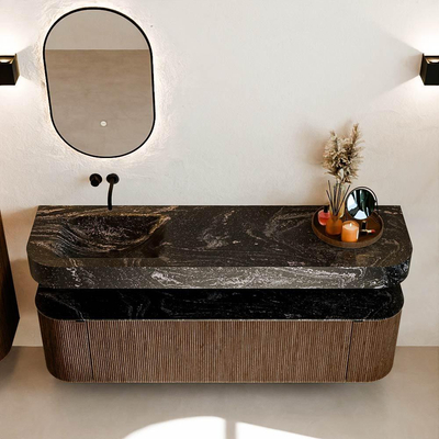 MONDIAZ THOR-DLUX 170cm meuble de salle de bains arrondi gauche + droite couleur Walnut avec 1 tiroir et 2 portes. Vasque suspendue CLOUD Gauche sans trou de robinet couleur Lava.