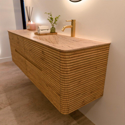 Mondiaz CIRO-DLUX Badkamermeubelset - 160x45x50cm - Solid surface wastafel Arena - 1 wasbak Rechts - 1 kraangat - 4 lades - Oak