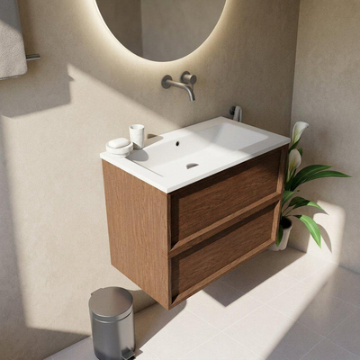 Saniclass Holz Frame Ensemble de meubles de salle de bains - 80x45x77.5cm - Lavabo Torino en solid surface blanc - sans trou de robinetterie - 2 tiroirs - noyer pure mat (bois)