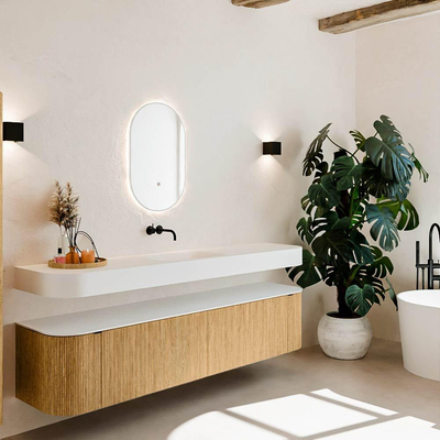 MONDIAZ THOR 200cm meuble de salle de bains arrondi gauche + droite couleur Oak avec 2 tiroirs et 2 portes. Vasque suspendue CLOUD Milieu sans trou de robinet couleur Talc.