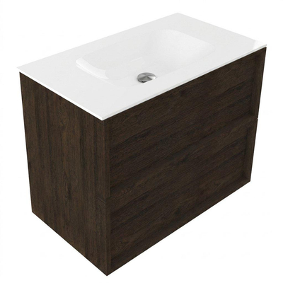 Saniclass Holz Frame Ensemble meuble de salle de bains - 80x45x61.5cm - lavabo Flow en solid surface blanc - 1 vasque - sans trou de robinetterie - 2 tiroirs - chêne charcoal mat (bois)
