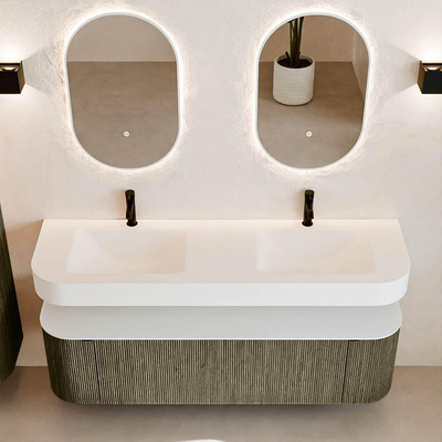 MONDIAZ THOR Meuble de salle de bains 160cm arrondi gauche + droite couleur Shadow avec 1 tiroir et 2 portes. Vasque suspendue CLOUD Double 2 trous de robinet couleur Talc.