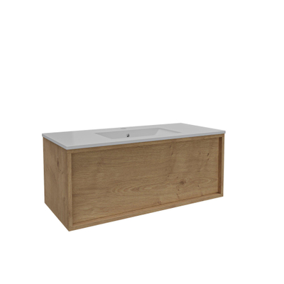Saniclass Holz Frame Ensemble de meuble de salle de bains - 100x45x42cm - Vasque Vygo en céramique - 1 vasque - 1 trou de robinet - avec trop-plein - 1 tiroir - chêne natural mat (bois)