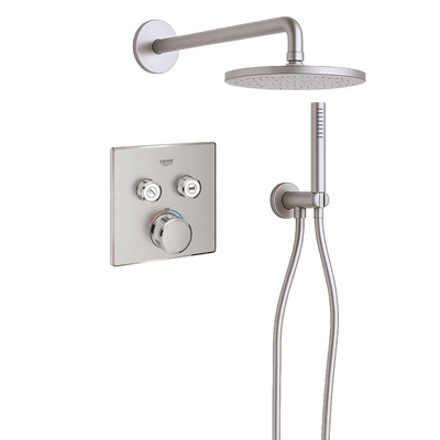 Grohe - Adema Rise Ensemble de douche pluie - carré - coude mural avec support de douchette - flexible de douche lisse - douchette à main - bras mural - douchette principale 25 cm - thermostat encastré Grohe SmartControl - chrome