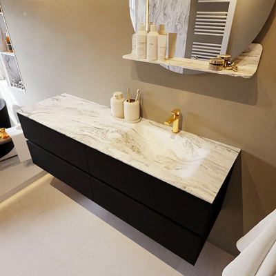 Mondiaz VICA-DLUX Ensemble de meuble de salle de bain - 150cm - meuble sous-vasque urban - 4 tiroirs - lavabo encastré cloud droite - 1 trou de robinet - version haute de 60cm - glace