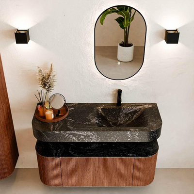 MONDIAZ THOR-DLUX 120cm meuble de salle de bains arrondi gauche + droite couleur Ruby avec 1 tiroir et 2 portes. Vasque suspendue CLOUD Droite 1 trou de robinet couleur Lava.