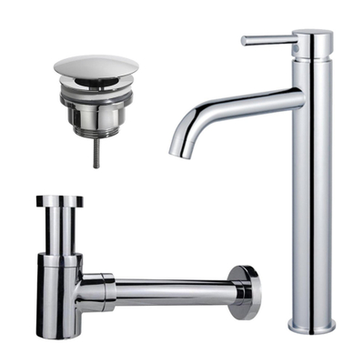 FugaFlow Eccelente Sobrado Kit mitigeur lavabo - robinet rehaussé - bonde non-obturable - siphon design bas - Chrome brillant