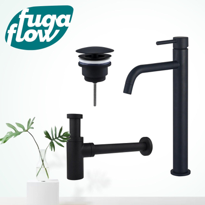 FugaFlow Eccelente Sobrado Slim Slim Kit mitigeur lavabo - robinet rehaussé - bonde nonobturable - siphon design - Noir mat