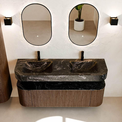 MONDIAZ THOR-DLUX 150cm badmeubel ronding links + rechts kleur Walnut met 1 lade en 2 deuren. Vrijhangende wastafel CLOUD Dubbel 2 kraangaten kleur Lava.