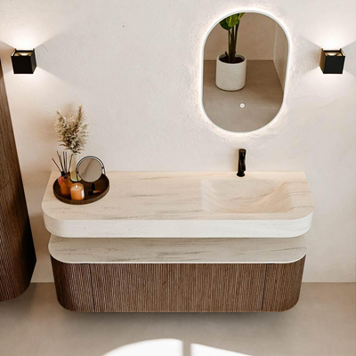 MONDIAZ THOR-DLUX 150cm badmeubel ronding links + rechts kleur Walnut met 1 lade en 2 deuren. Vrijhangende wastafel CLOUD Rechts 1 kraangat kleur Meli.