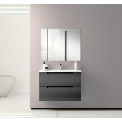 Adema Prime Balance Ensemble de meuble - 80x55x45cm - 1 vasque rectangulaire en céramique Blanc - 1 trou de robinet - 2 tiroirs - avec miroir rectangulaire - Anthracite mat