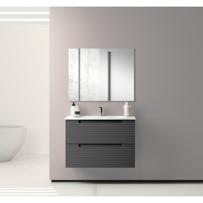 Saniclass Prime Balance Meuble de salle de bain - 80x55x45cm - 1 vasque rectangulaire en céramique blanc - 1 trou de robinet - 2 tiroirs - miroir rectangulaire - mat anthracite