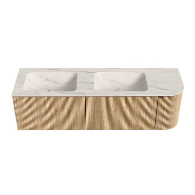 MONDIAZ KURVE-DLUX 155cm badmeubel ronding Rechts kleur Oak met 2 lades en 1 deur. Wastafel LEAF Dubbel / Links 2 kraangaten Meli.