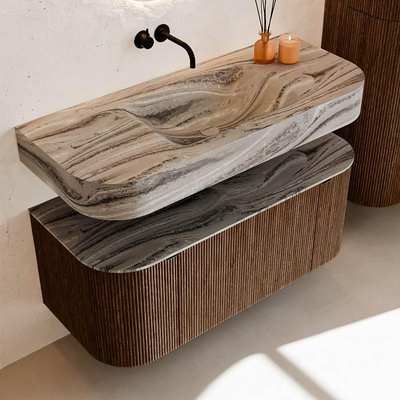 MONDIAZ THOR-DLUX 110cm badmeubel ronding links + rechts kleur Walnut met 1 lade en 2 deuren. Vrijhangende wastafel CLOUD Midden zonder kraangat kleur Sombra.