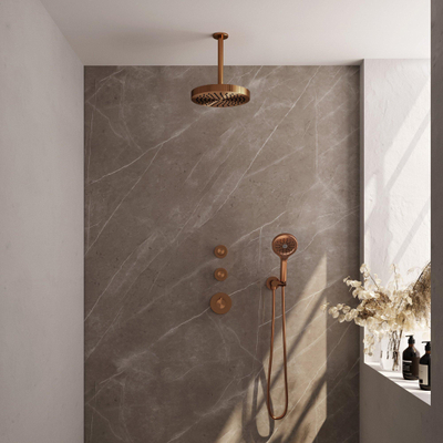 BRAUER Stripe Thermostatische Inbouw Regendouche - SET 06 - 25cm douchekop - plafondarm - 3-standen handdouche - doucheslang - wandaansluitbocht - koper geborsteld PVD