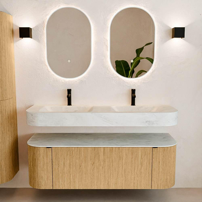 MONDIAZ THOR-DLUX 140cm badmeubel ronding links + rechts kleur Oak met 1 lade en 2 deuren. Vrijhangende wastafel CLOUD Dubbel 2 kraangaten kleur Opalo.