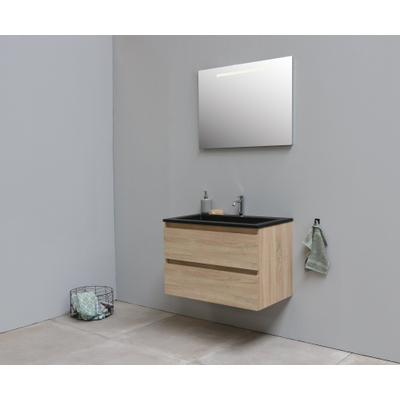 Basic Bella Badkamermeubelset - 80x55x46cm - 1 wasbak - Acryl - Zwart - 1 kraangat - Wandspiegel met verlichting - MDF Eiken SHOWROOMMODEL