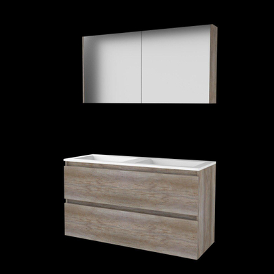Basic-Line Comfort 46 ensemble de meubles de salle de bain 120x46cm sans poignée 2 tiroirs vasque acrylique 0 trous de robinetterie armoire de toilette mfc scotch oak