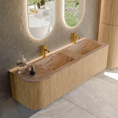 MONDIAZ KURVE-DLUX Meuble de salle de bains 155cm arrondi à gauche couleur Oak avec 2 tiroirs et 1 porte. Lavabo LEAF Double / Droite 2 trous de robinet Arena.
