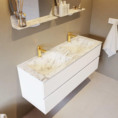 Mondiaz VICA-DLUX ensemble de meuble de salle de bain - 130cm - meuble sous-vasque talc - 2 tiroirs - lavabo encastré cloud double - 2 trous de robinet - version haute de 60cm - glace