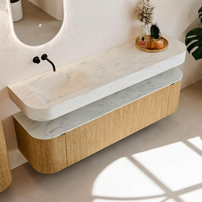 MONDIAZ THOR-DLUX 170cm meuble de salle de bains arrondi gauche + droite couleur Oak avec 1 tiroir et 2 portes. Vasque suspendue CLOUD Gauche sans trou de robinet couleur Opalo.