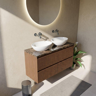 Saniclass Holz Atelier Ensemble meuble de salle de bains - 120x45x63cm - Plan de travail en pierre naturelle Noche dark emperador - sans trou de robinet - 2 tiroirs - walnut pure mat (bois)