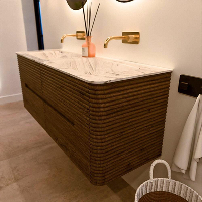 Mondiaz CIRO-DLUX Meuble de salle de bains - 130x45x50cm - Vasque solid surface Glace - 2 vasques double - sans trous de robinetterie - 4 tiroirs - Dusk