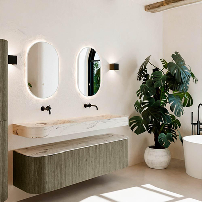 MONDIAZ THOR-DLUX Meuble de salle de bains 160cm arrondi gauche + droite couleur Shadow avec 1 tiroir et 2 portes. Vasque suspendue CLOUD Double sans trou de robinet couleur Nata.