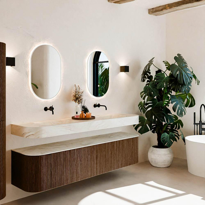 MONDIAZ THOR-DLUX 190cm meuble de salle de bains arrondi gauche + droite couleur Walnut avec 2 tiroirs et 2 portes. Vasque suspendue CLOUD Double sans trou de robinet couleur Ostra.