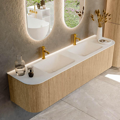 MONDIAZ KURVE 180cm Meuble salle de bain avec module 25 G et D - couleur Oak - 2 tiroirs - 2 portes - vasque CLOUD double - 2 trous de robinet - Talc