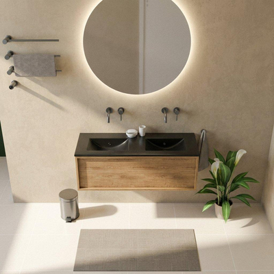 Saniclass Holz Frame Ensemble meuble de salle de bains - 120x45x42cm - Lavabo Vygo en céramique noir - 2 vasques - sans trous de robinetterie - 1 tiroir - chêne natural mat (bois)