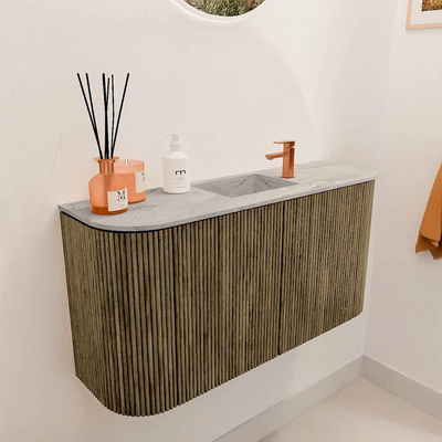 Mondiaz JOYA-DLUX 83.2cm meuble de salle de bains - arrondis gauche et droite couleur Dusk - Vasque FAYE position Milieu 1 trou de robinet couleur Glace.