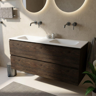 Saniclass Holz Pure Ensemble de meubles de salle de bains - 140x45x61.5cm - lavabo Flow en solid surface blanc - 2 vasques - sans trous de robinetterie - 4 tiroirs - chêne charcoal mat (bois)