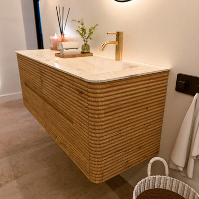 Mondiaz CIRO-DLUX Meuble de salle de bains - 130x45x50cm - Plan-vasque en solid surface Ostra - 1 vasque à droite - 1 trou de robinet - 4 tiroirs - Chêne