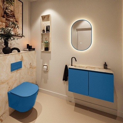 MONDIAZ TURE-DLUX Meuble toilette - 80cm - Jeans - EDEN - vasque Frappe - position gauche - 1 trou de robinet
