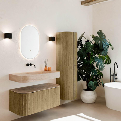 MONDIAZ THOR-DLUX 100cm meuble de salle de bains arrondi gauche + droite couleur Dusk avec 1 tiroir et 2 portes. Vasque suspendue CLOUD Milieu sans trou de robinet couleur Saba.