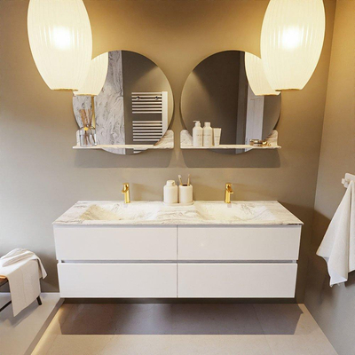 Mondiaz VICA-DLUX Ensemble de meuble de salle de bain - 150cm - meuble sous-vasque talc - 4 tiroirs - lavabo encastrée cloud double - 2 trous de robinet - version haute de 60cm - glace