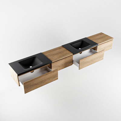 MONDIAZ BUKLA meuble de salle de bains 280cm avec module 60 gauche couleur Washed Oak avec 4 tiroirs. Lavabo CLOUD double 0 trous de robinet couleur Urban.